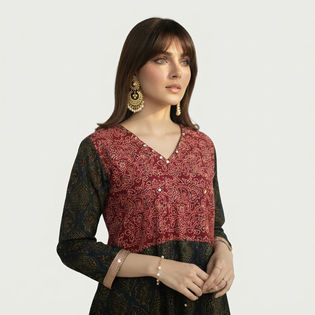 Women's Ajrak maxi dress for festive occasions and cultural celebrations