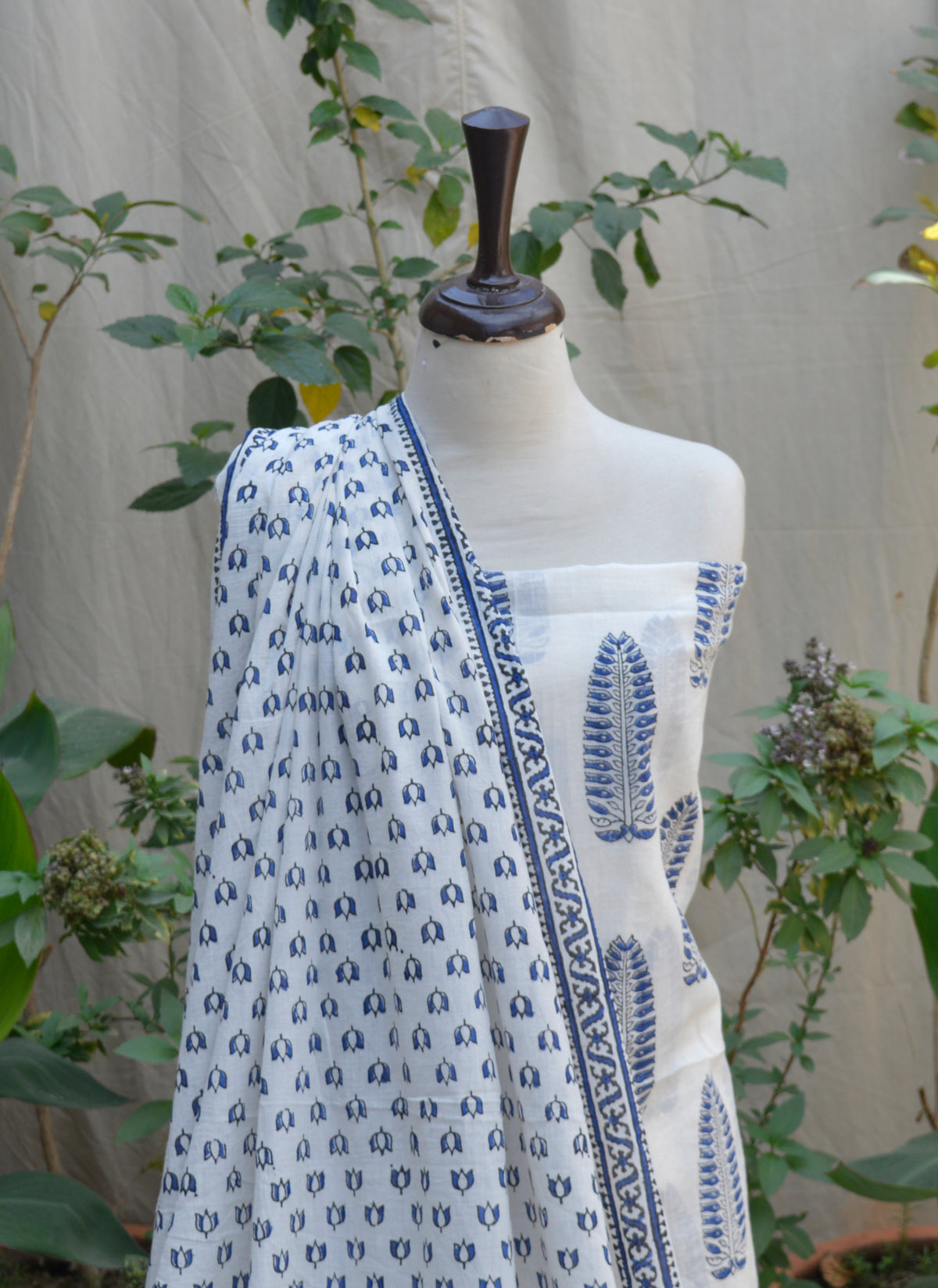 Traditional Hand Block Print Two-Piece – White Base with Blue Floral Patterns on Lawn Fabric