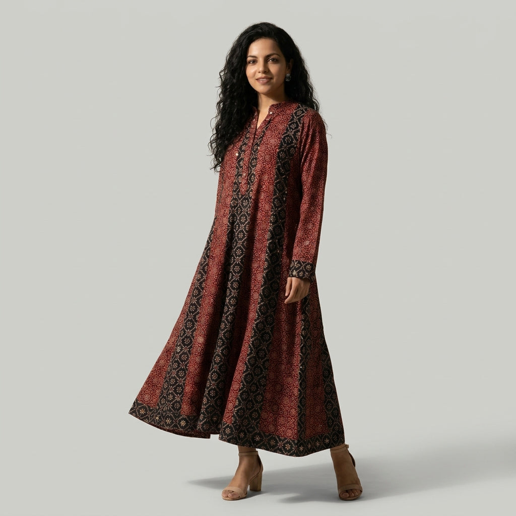 Moroccan and Floral Boho Patchwork Ajrak Maxi Dress with Organic Dye Hand Block Printing and Hand-Stitched Sitara Embellishments by Sartiyoon.