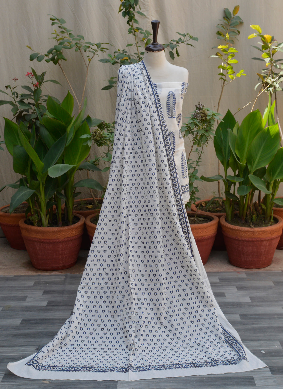 Hand Block Printed Blue on White Unstitched Lawn Fabric – Mountain Butta & Lotus Design Shirt and Dupatta