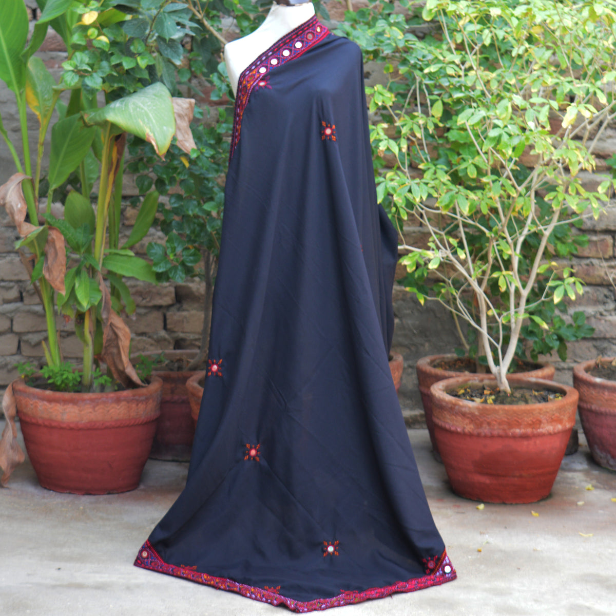 Black Balochi Embroidered Chaadar in Swiss Lawn with Multicolored Hand Embroidery, Traditional Handmade Shawl by Sartiyoon Pakistan