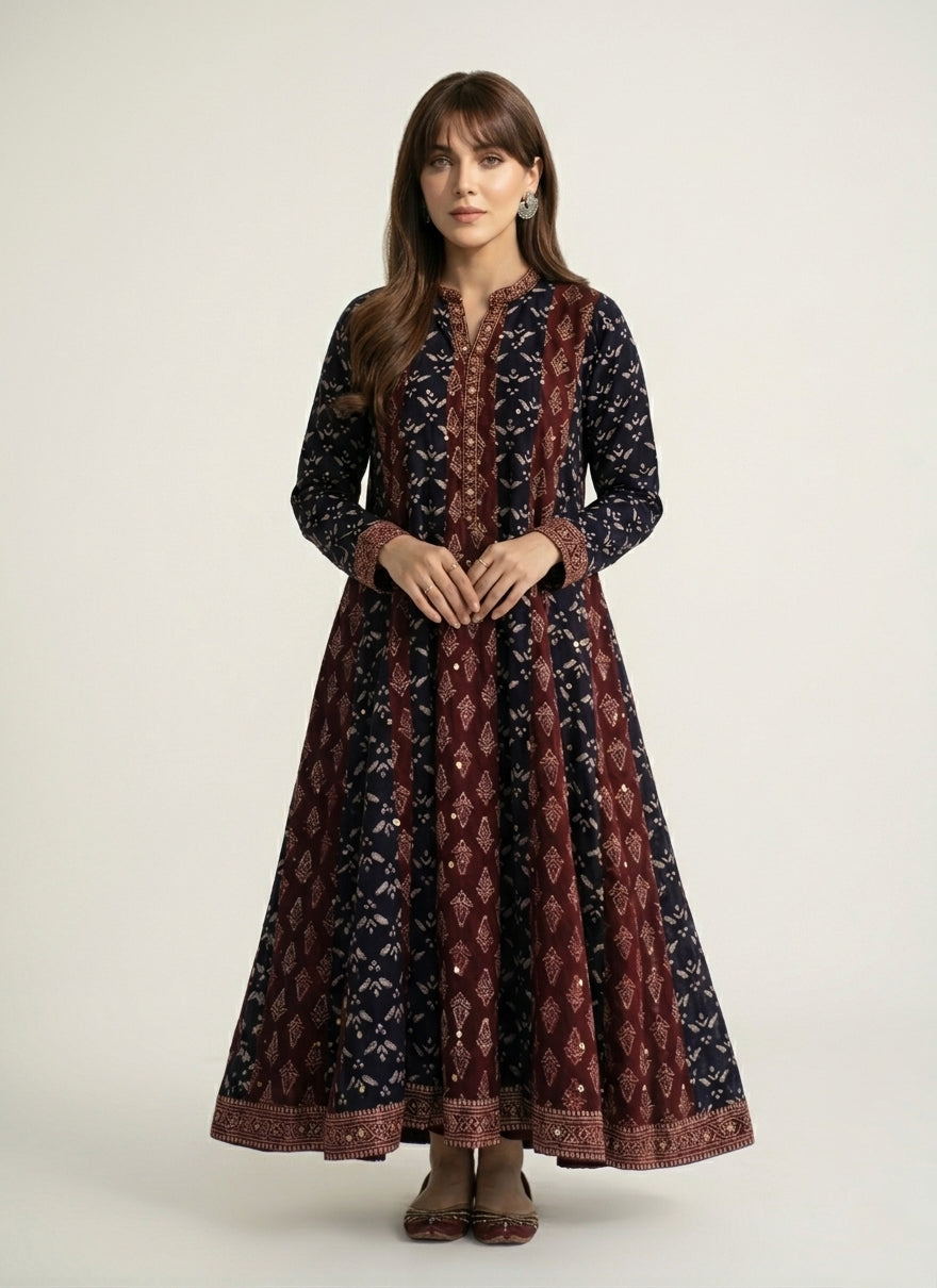 Multi Ajrak Patchwork Maxi – Hand Stitched Sitara Sequins | Organic Dye Hand Block Printed Lawn