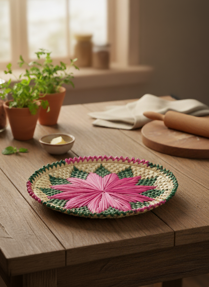 Hand woven multicolor floral palm leaf bread plate changair 10x10 crafted in Sindh.