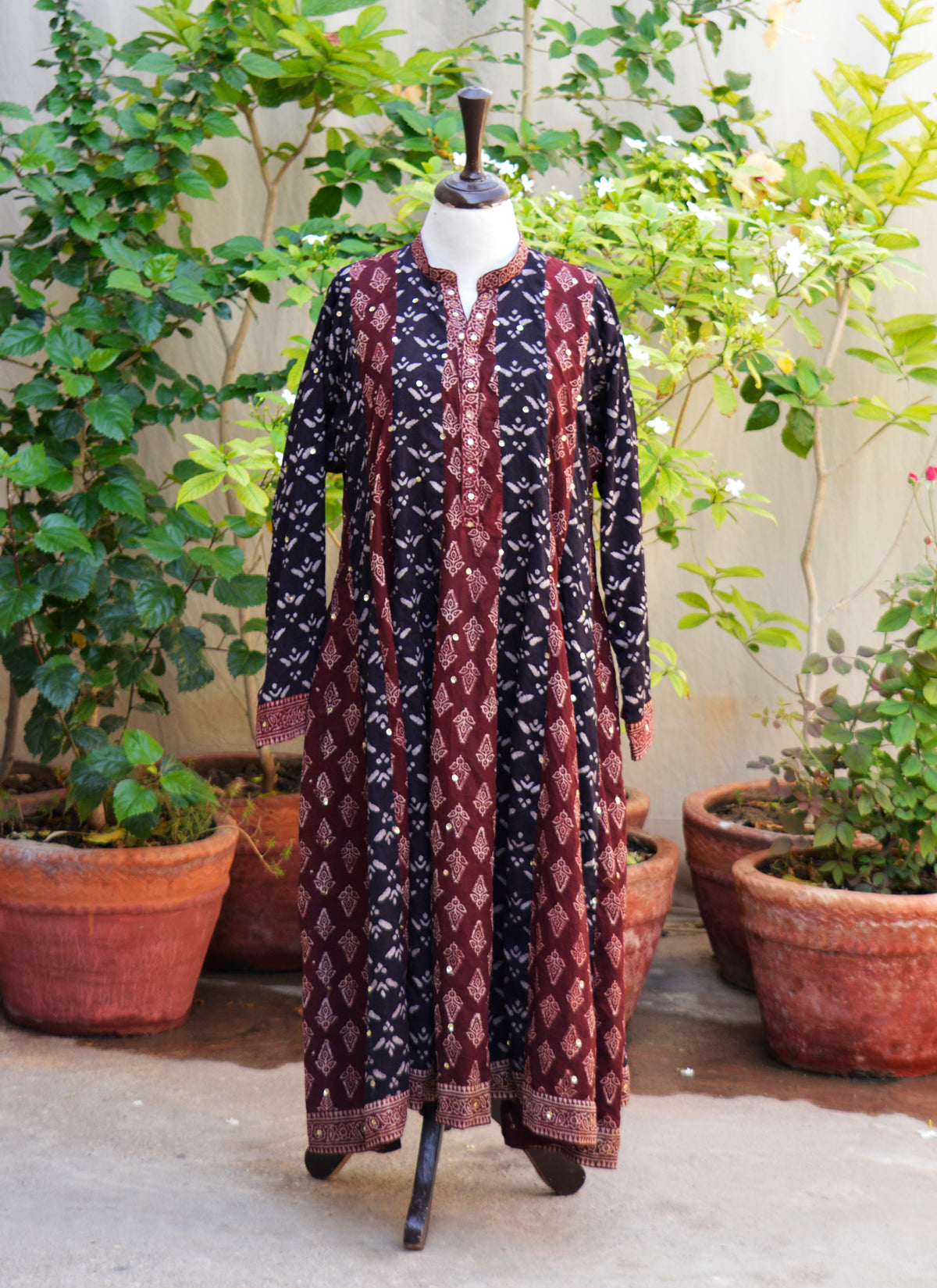 Organic dye hand block printed Ajrak patchwork maxi lawn dress Pakistan