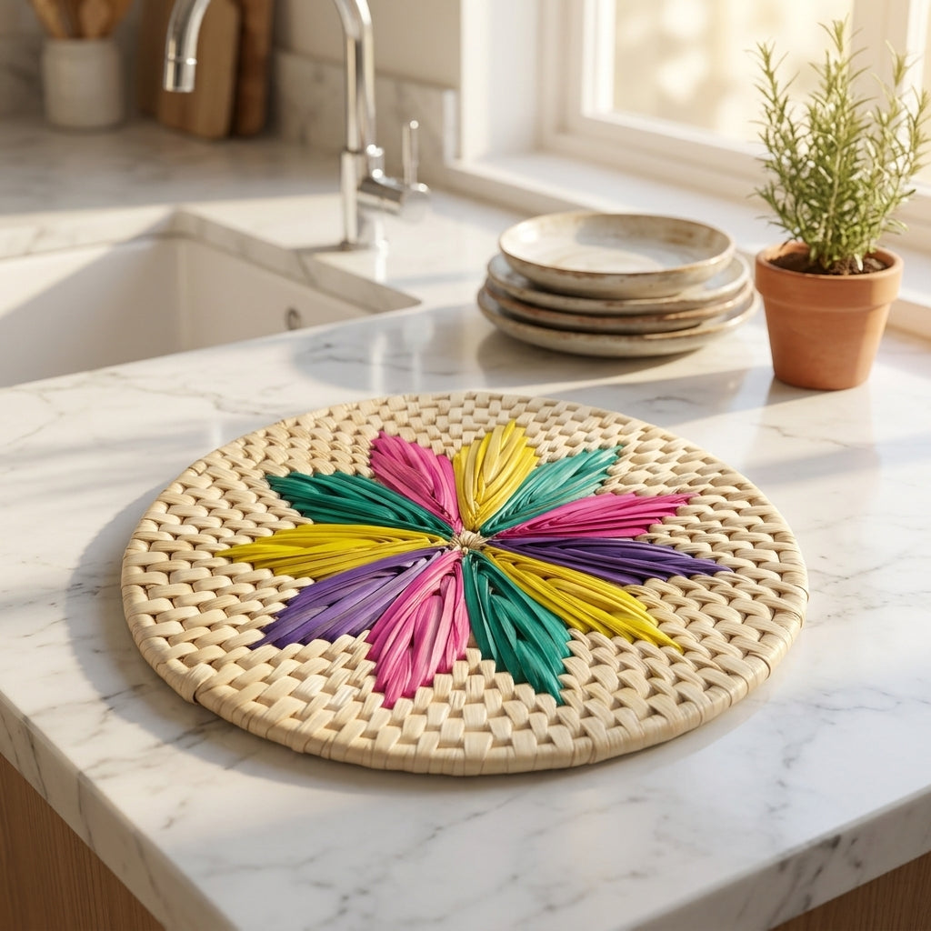 A close-up shot of a round, hand-woven date palm leaf table mat featuring intricate traditional cross-weave textures in natural beige and tan tones, laid out on a modern wooden kitchen dining table.