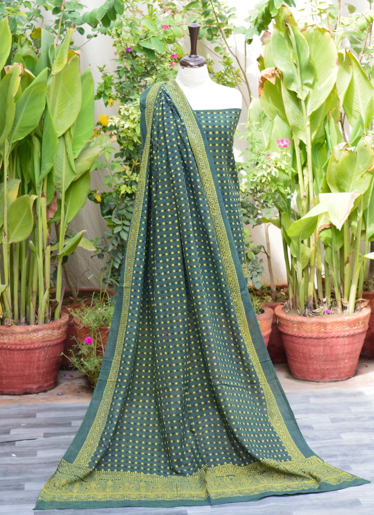 Natural Dye Ajrak Green Polka Dot Dress in Lawn – Eco-Friendly Ethnic Wear for Women
