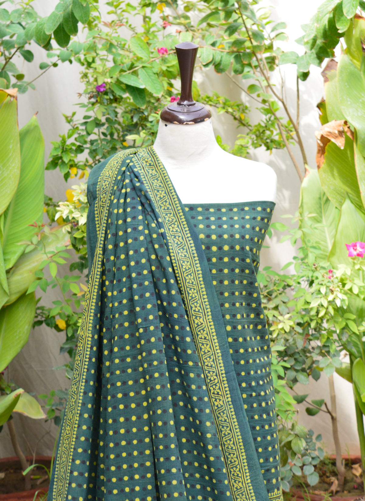 Hand Block Printed Ajrak Green Polka Dot Lawn Dress – Sustainable Pakistani Fashion