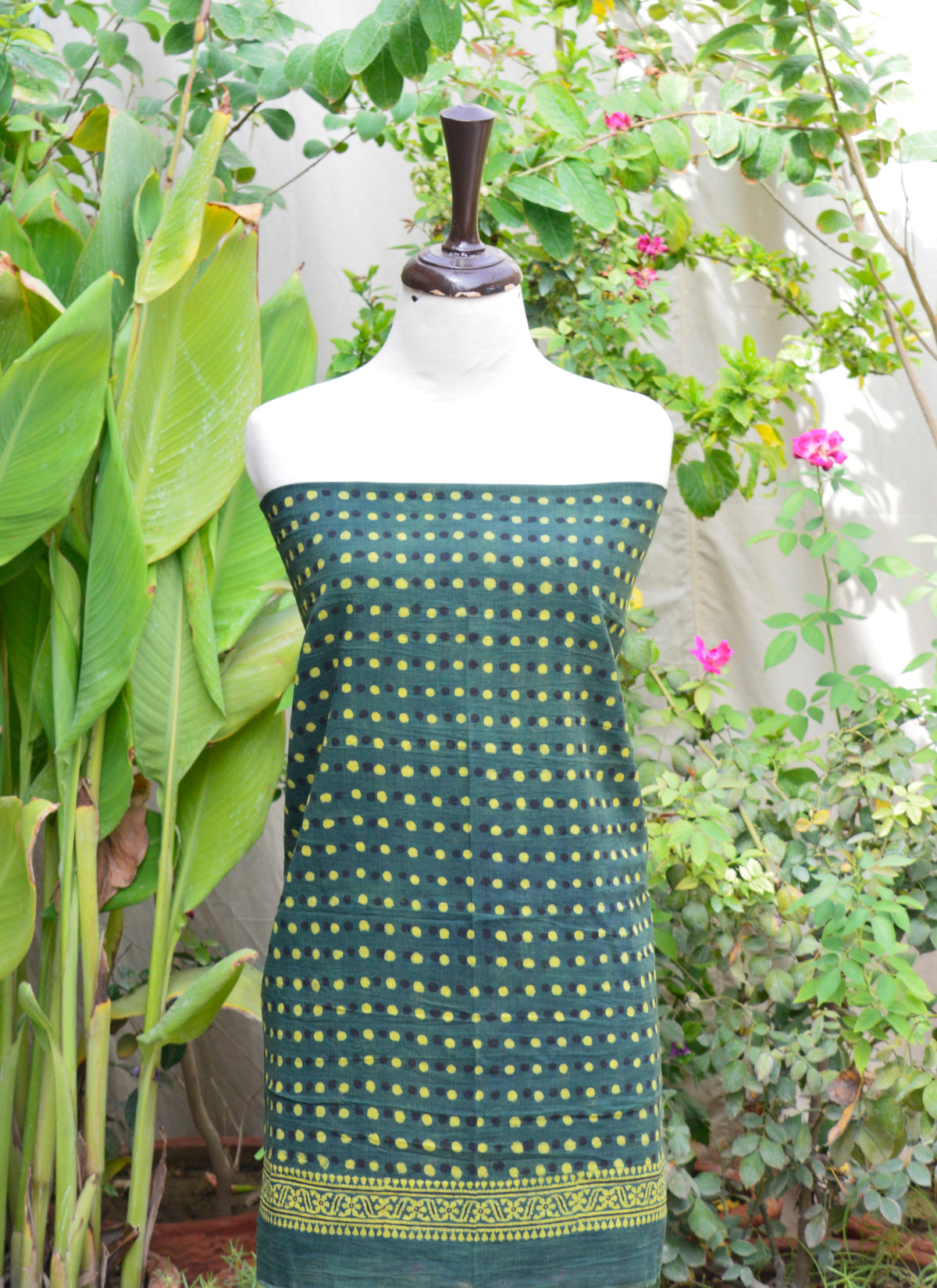 Eco-Friendly Ajrak Design Dress in Green Polka Dots – Organic Lawn Fabric for Daily Wear