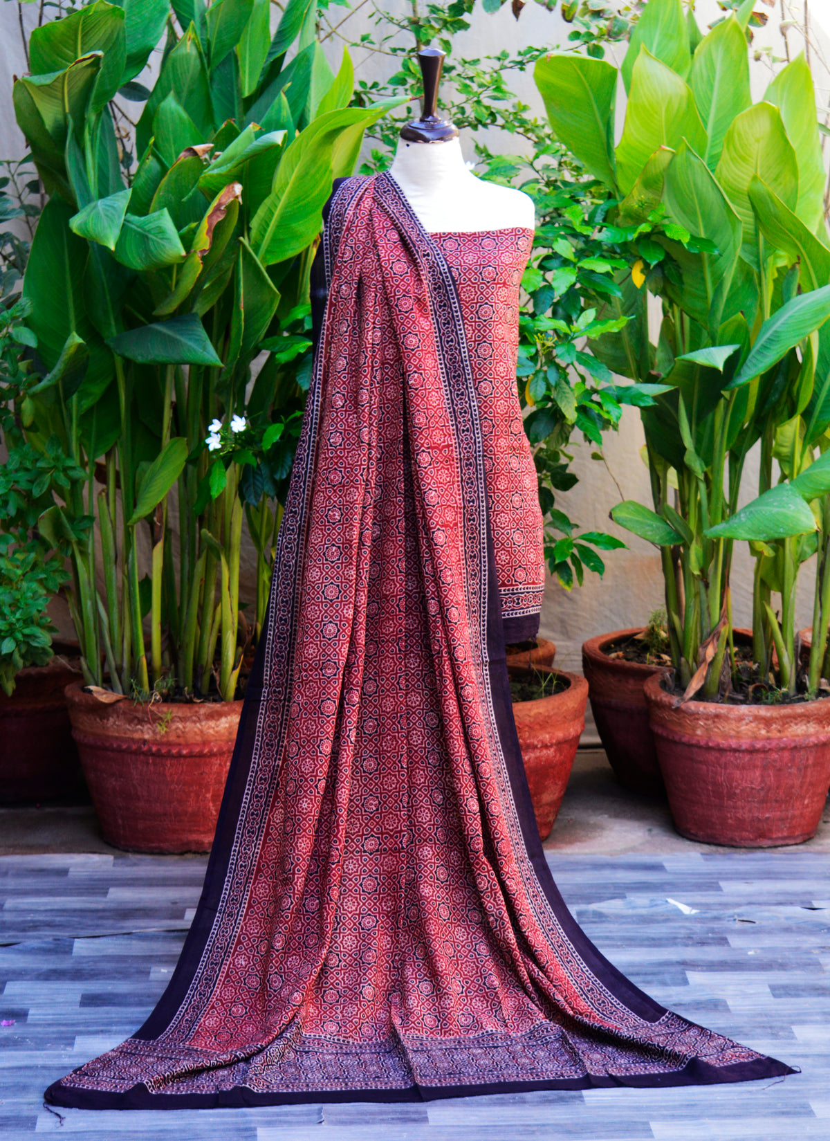 Premium Moroccan Red Ajrak Lawn Two-Piece Dress Set with Organic Dye Hand Block Printing