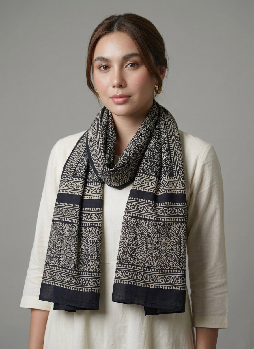 Black Ajrak Scarf – Organic Dye Hand Block Printed Sindhi Design | Lawn Fabric