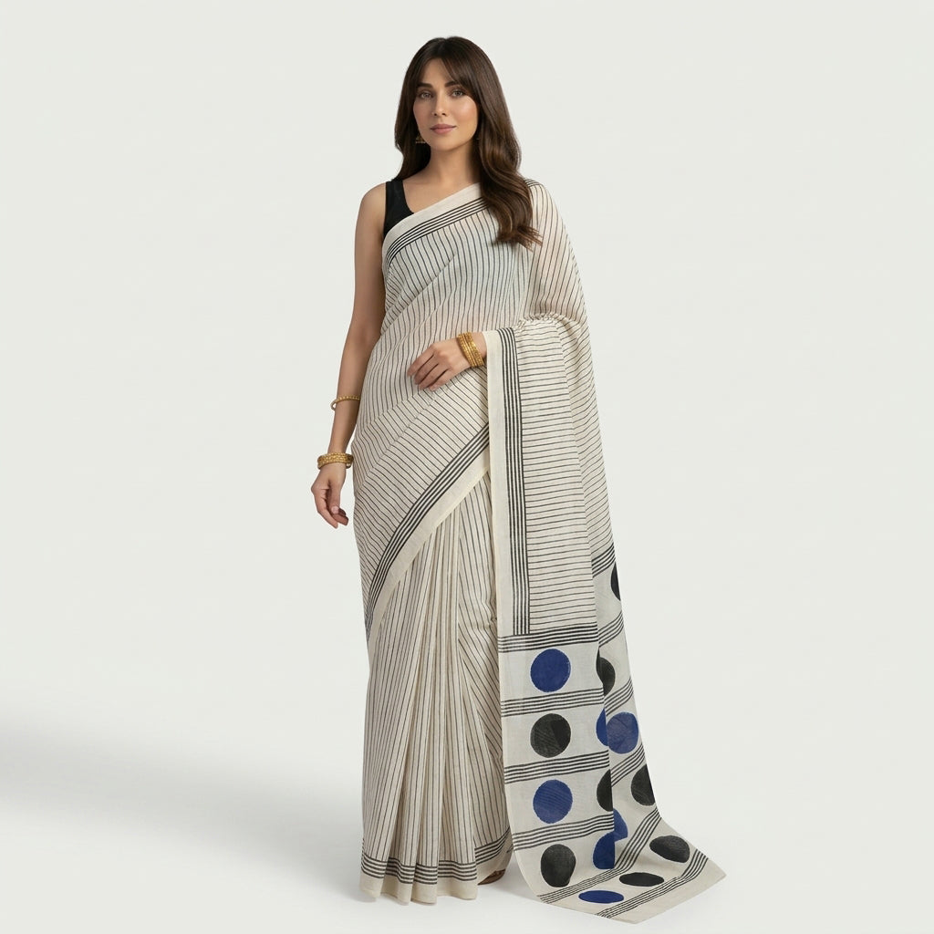 Off-white and black stripe cotton saree featuring black and blue Paloo motifs with traditional hand block printed detailing.