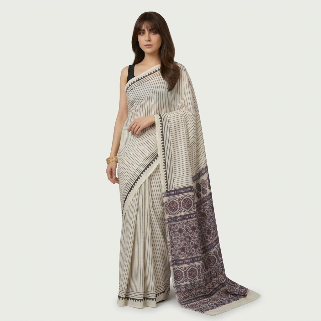Off-white and black stripe cotton saree with maroon and blue Paloo motifs, traditional hand block printed design.