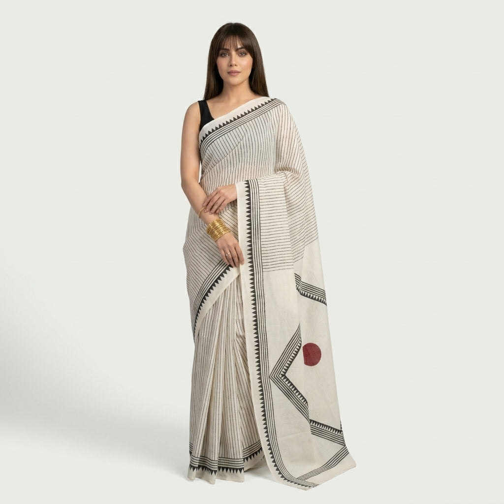 Off-white and black stripe saree with maroon circular motifs and traditional hand block printed design.