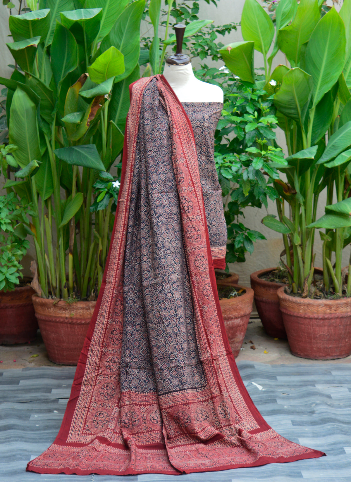Ajrak Classical Two-Piece Set – Hand Block Printed Cotton Shirt & Dupatta, unstitched fabric with traditional Sindhi motifs.