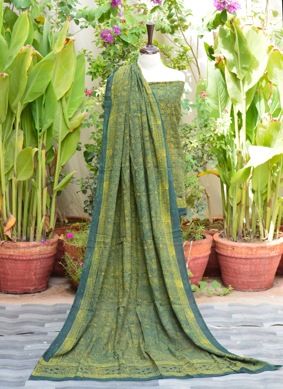 Organic Dye Hand Block Printed Ajrak Green Two-Piece Dress – Shirt and Dupatta Set