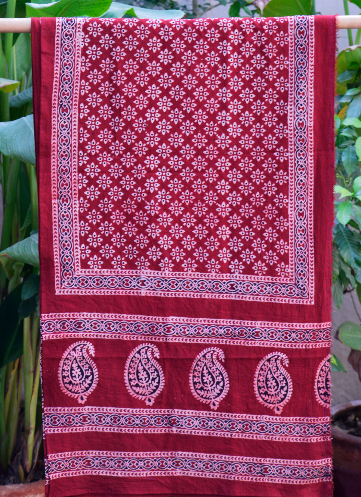 Organic dye hand block printed red floral Ajrak cotton scarf