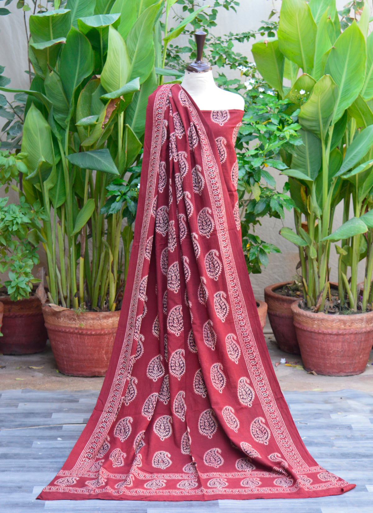 Ajrak Design Dress red Anbi motif lawn cotton fabric hand block printed – unstitched traditional design.