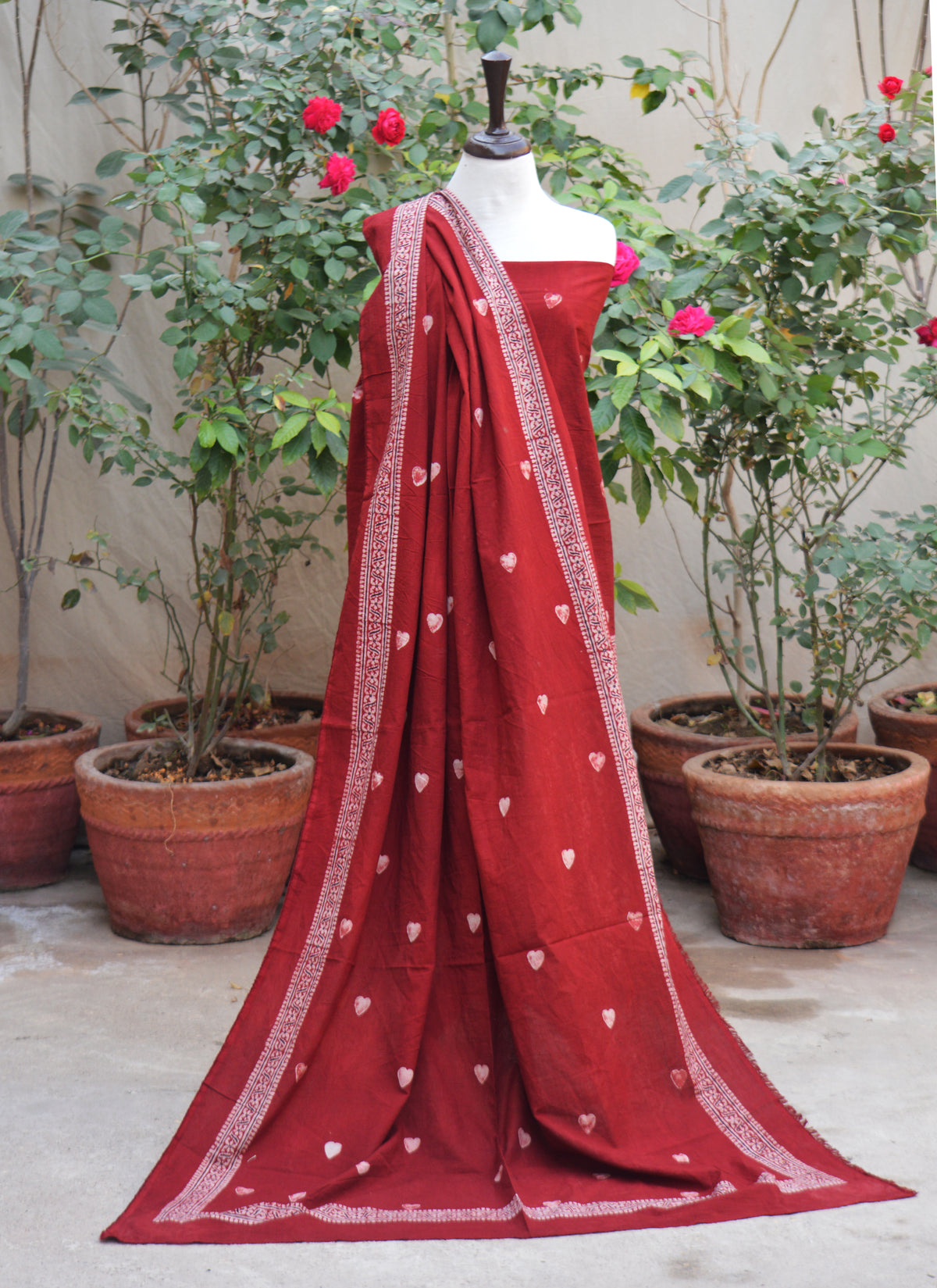 Authentic Sindhi Ajrak red heart unstitched cotton suit with smart borders organic dyes
