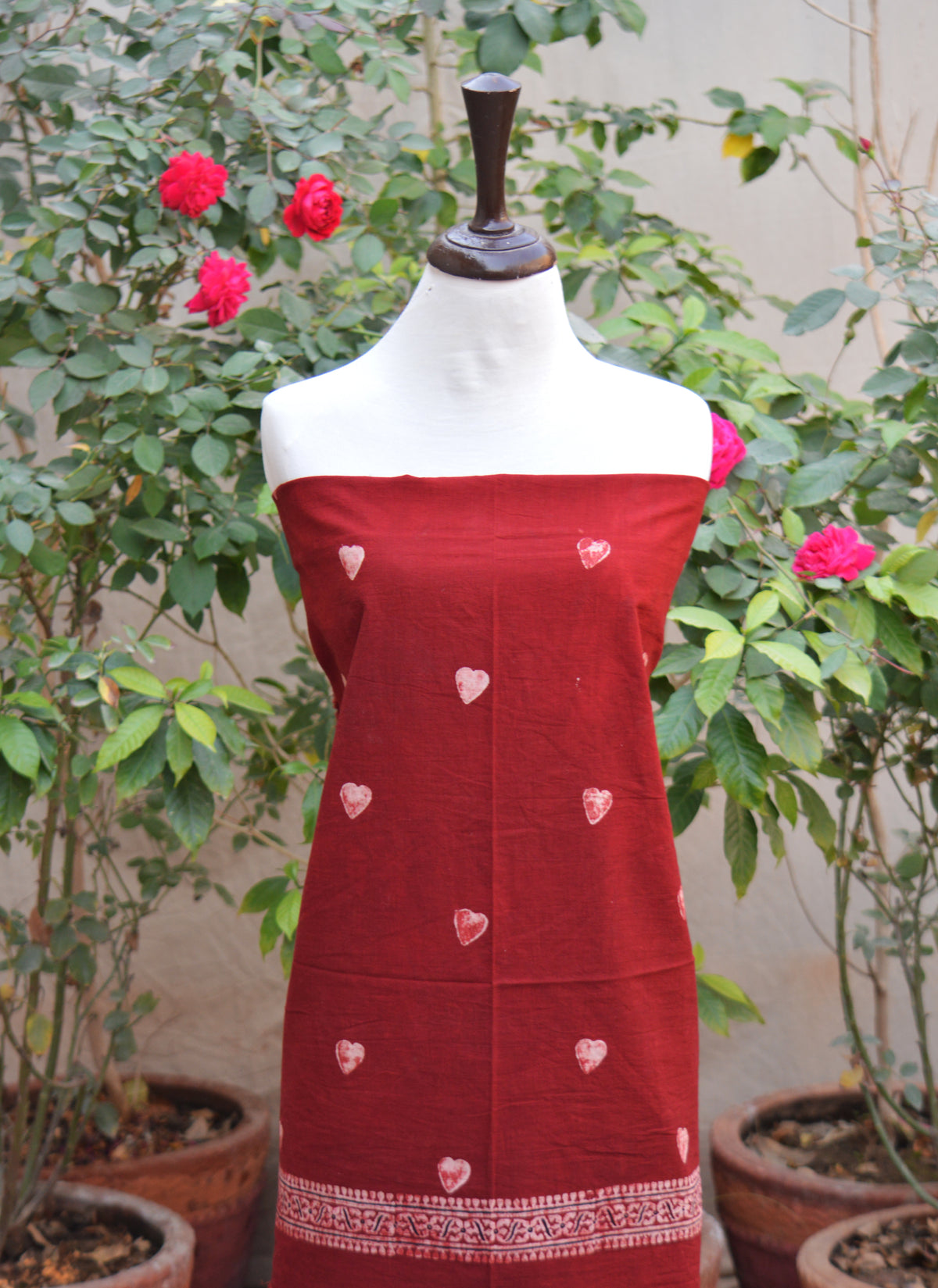 Handmade Ajrak red heart cotton dress fabric shirt and dupatta organic dye block print