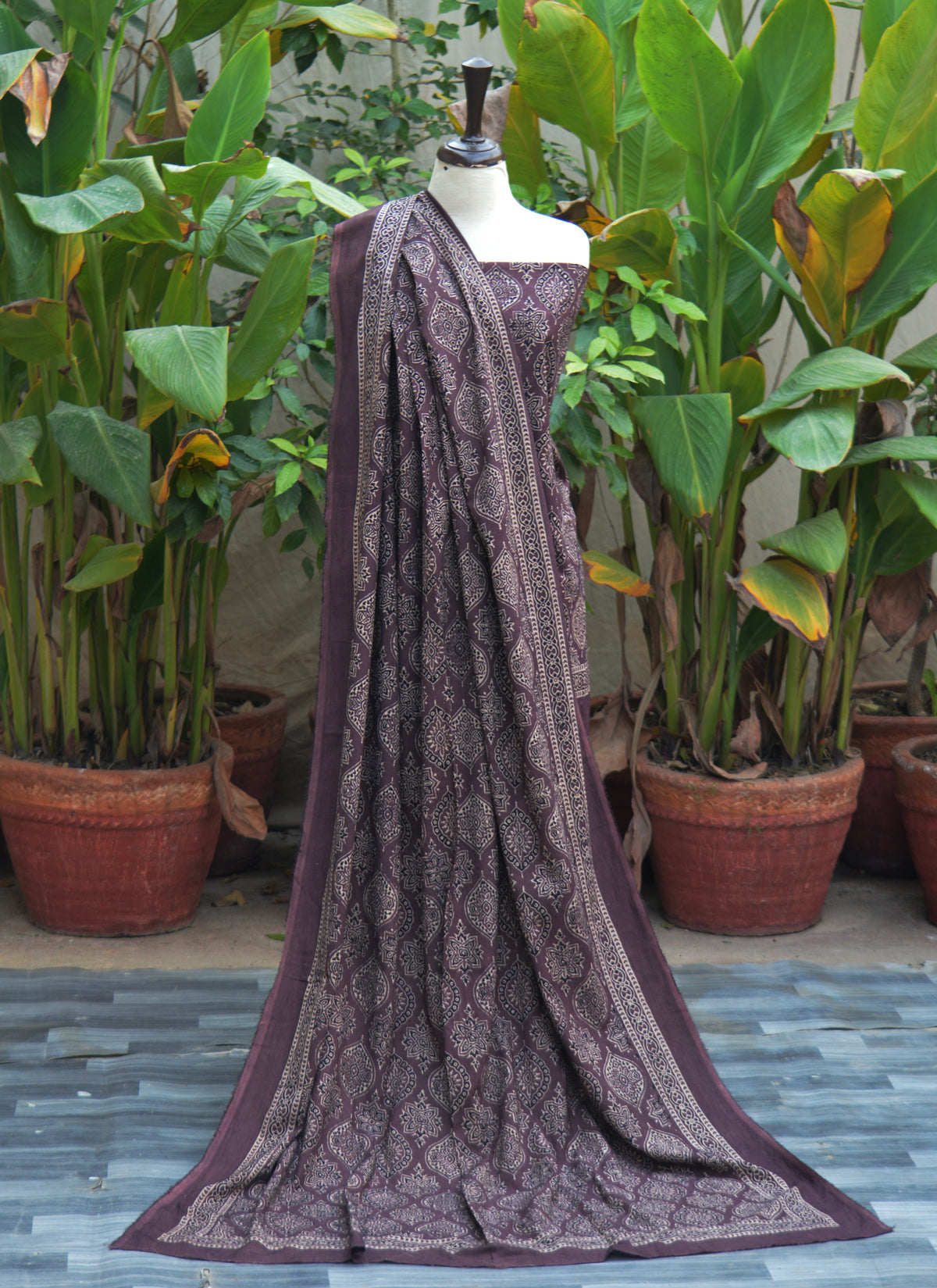 Organic dye hand block printed Badam Nightshade Ajrak design dress with self-border unstitched two-piece cotton