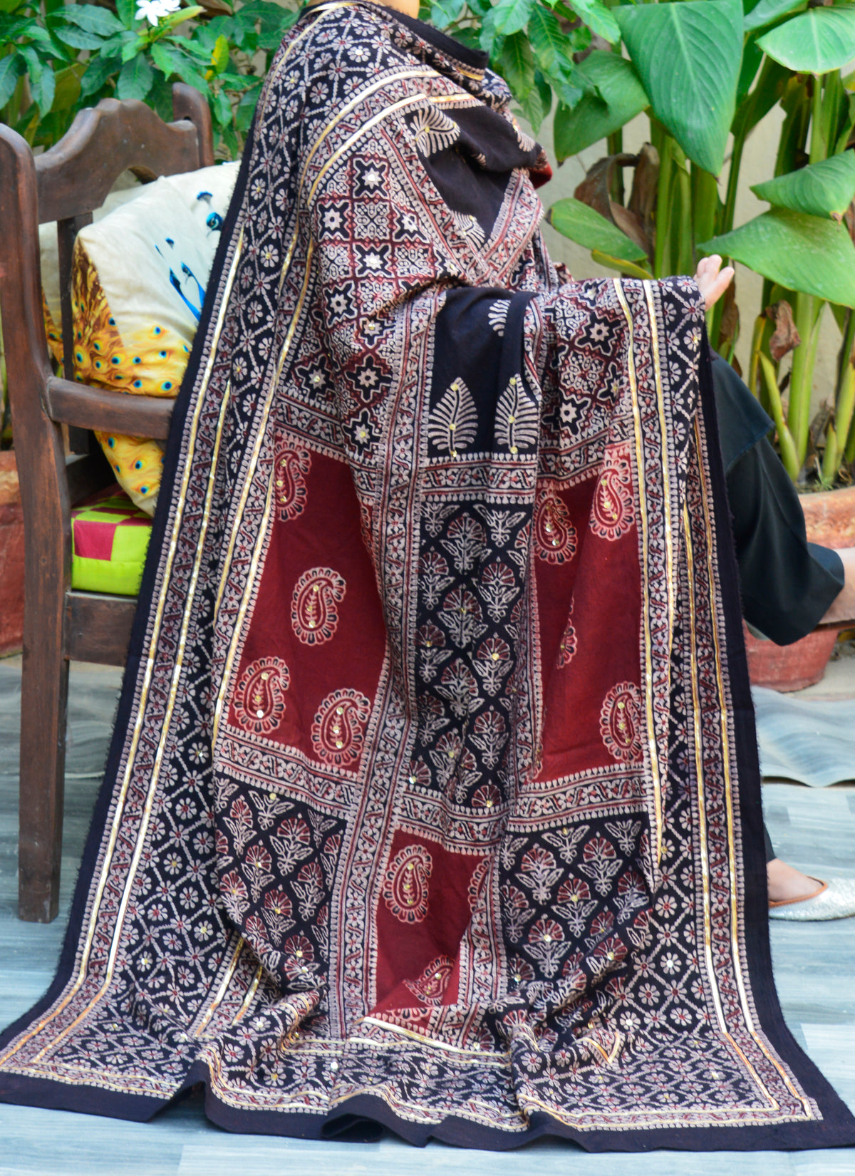 Organic Dye Hand Block Printed Ajrak Multi Blocks Chaadar with Sitara sequence detailing – handcrafted dupatta blending traditional Sindhi design and modern elegance.