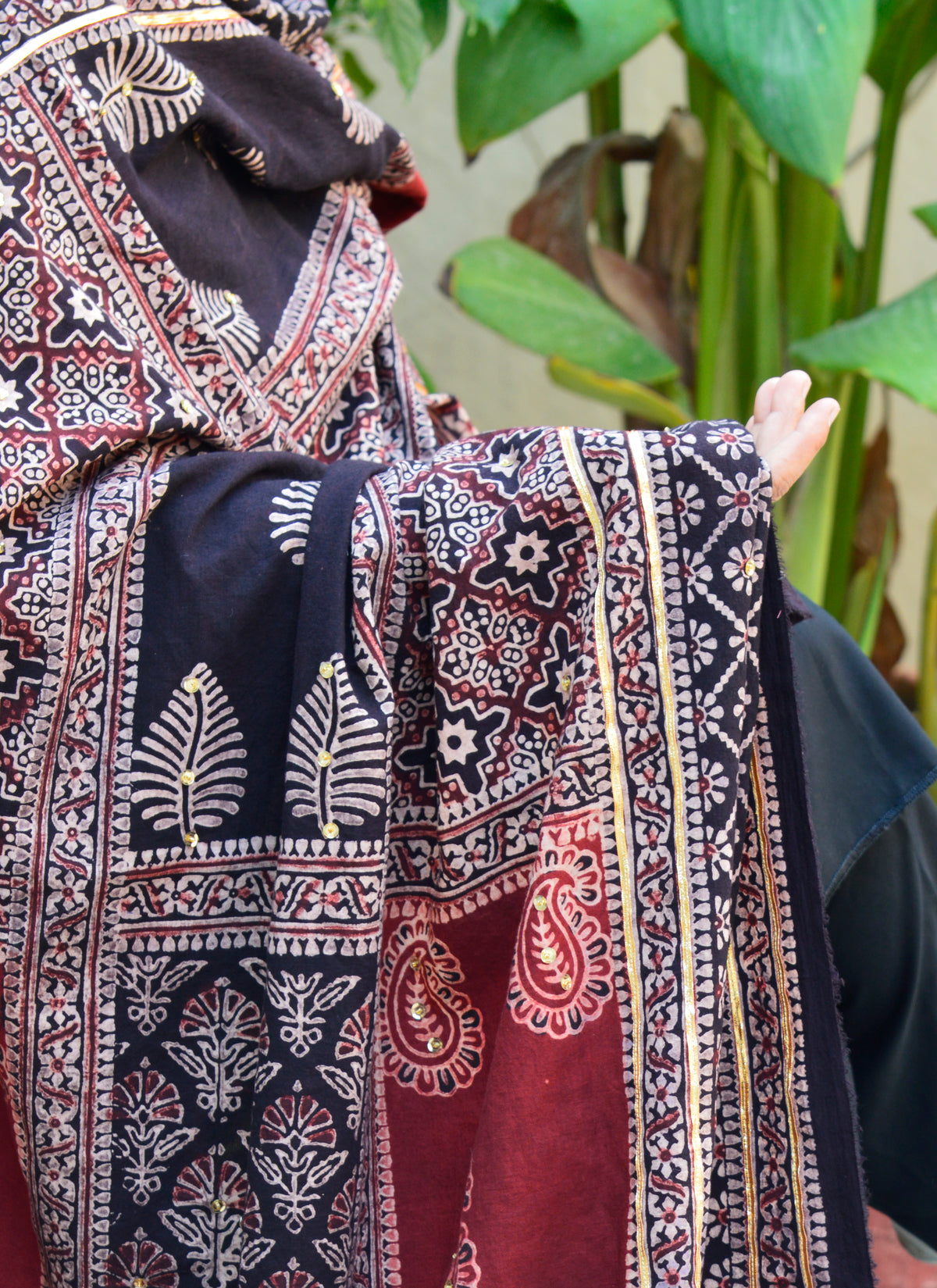 Sparkling Sitara work on Organic Dye Ajrak Multi Blocks Chaadar, artisan-made odhni featuring intricate hand block prints and organic natural dyes.