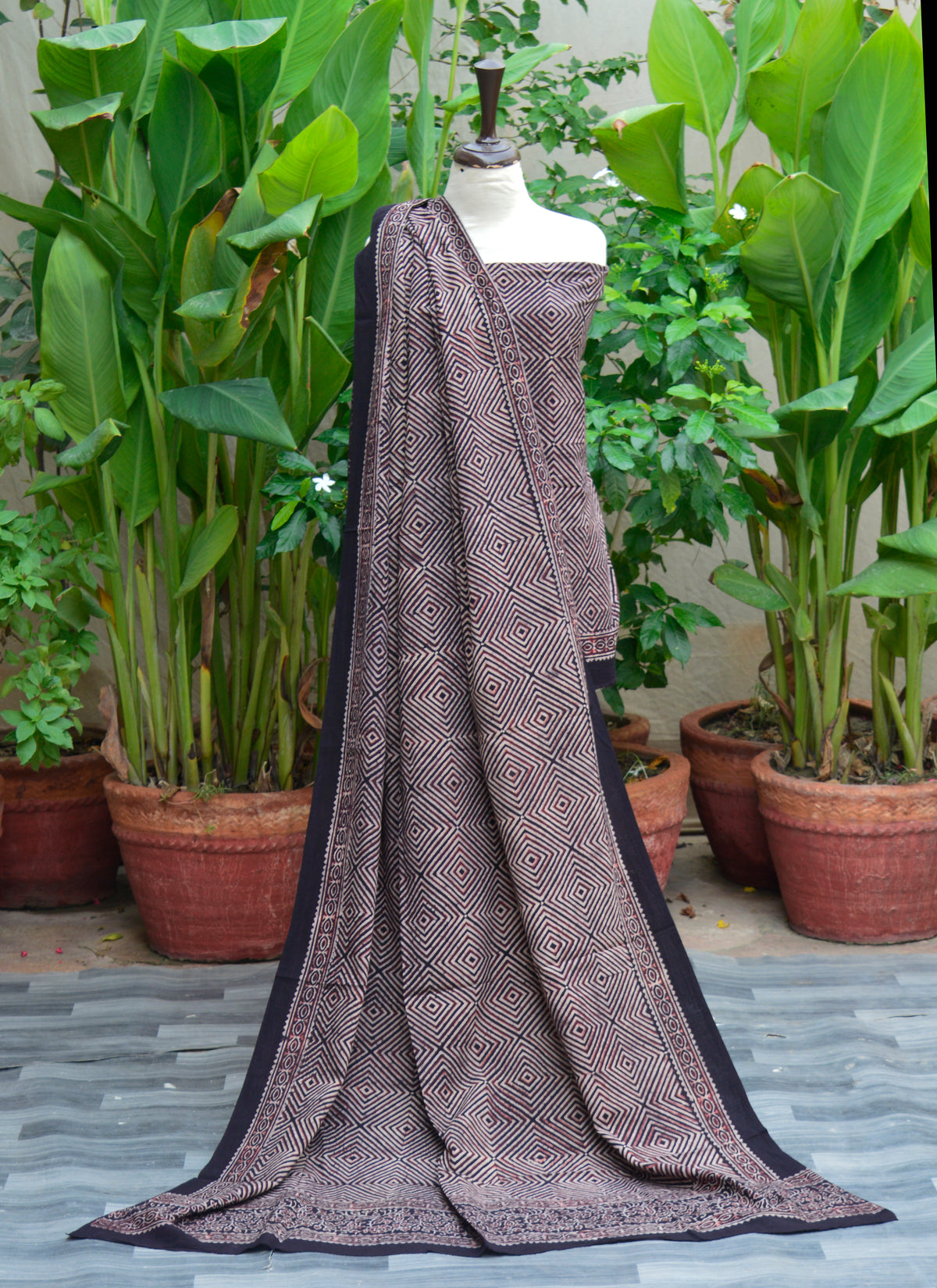 Ajrak Ikat Unstitched Two-Piece Set – Organic Dye Hand Block Printed Cotton Shirt & Dupatta, traditional Sindhi artisan design.