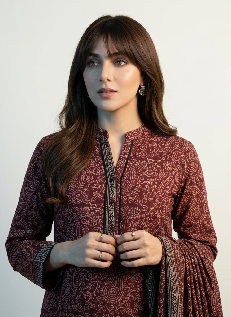 Organic Dye Hand Block Printed Ajrak Anbi lawn two piece shirt and dupatta