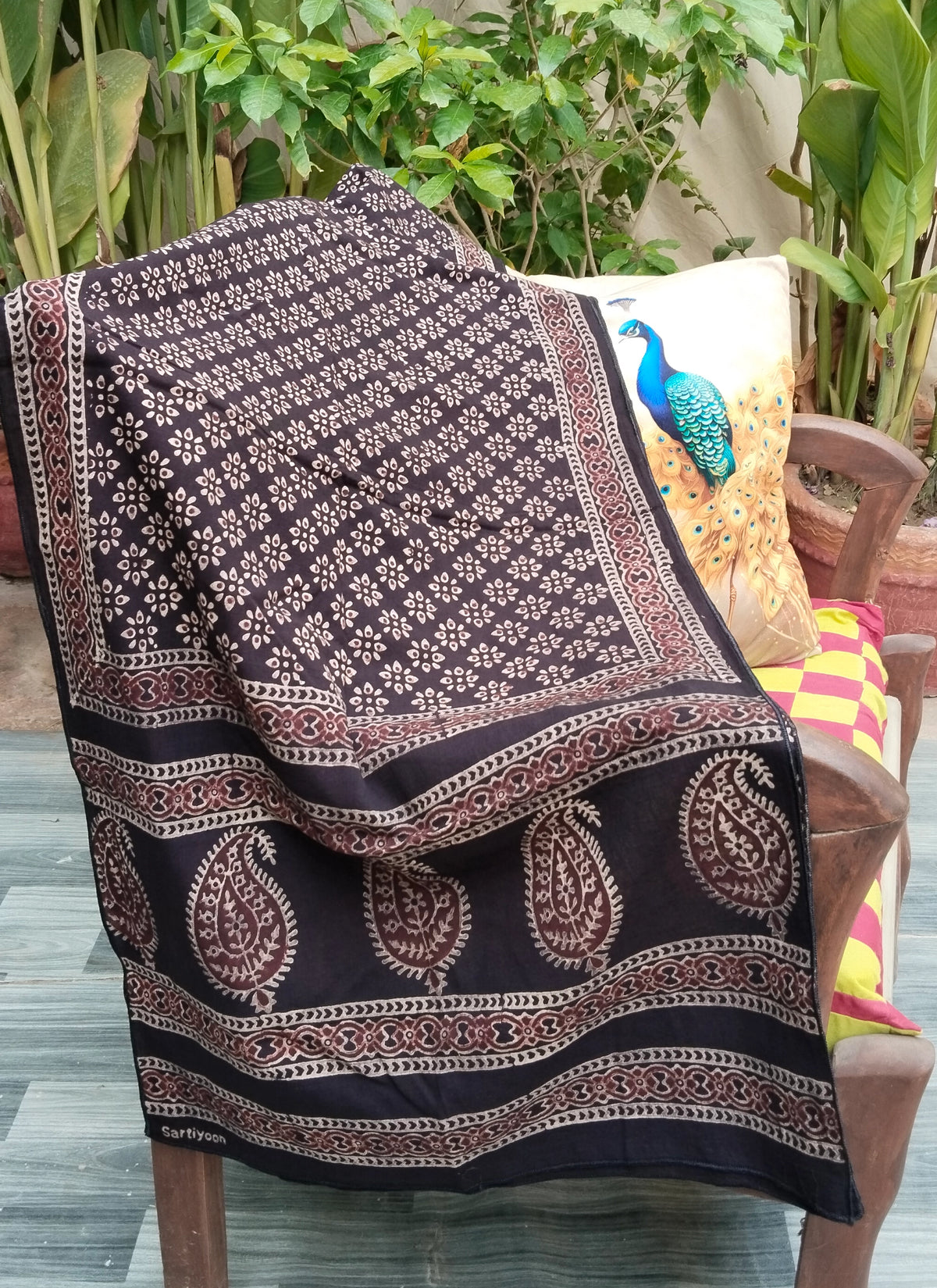 Ajrak black floral scarf with organic dye hand block printed cotton