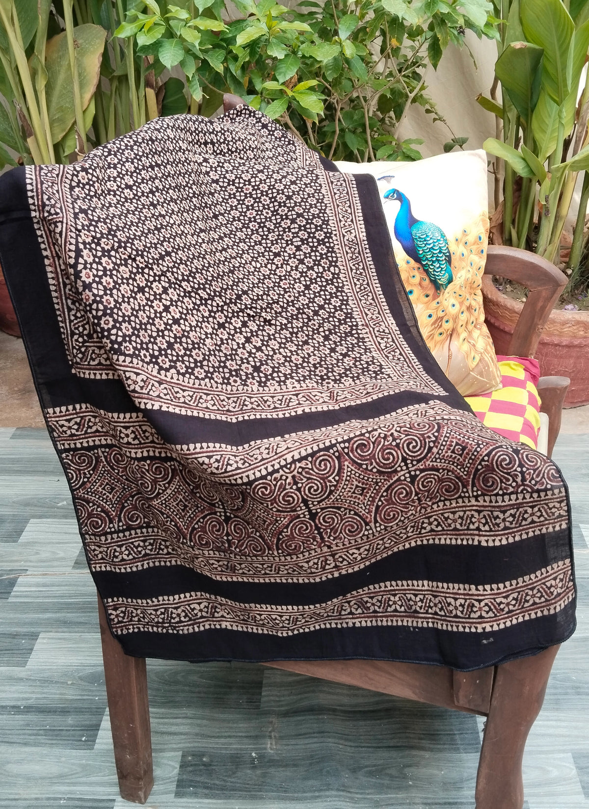 Starry Twinkle Ajrak scarf with organic dye hand block printed Sindhi design