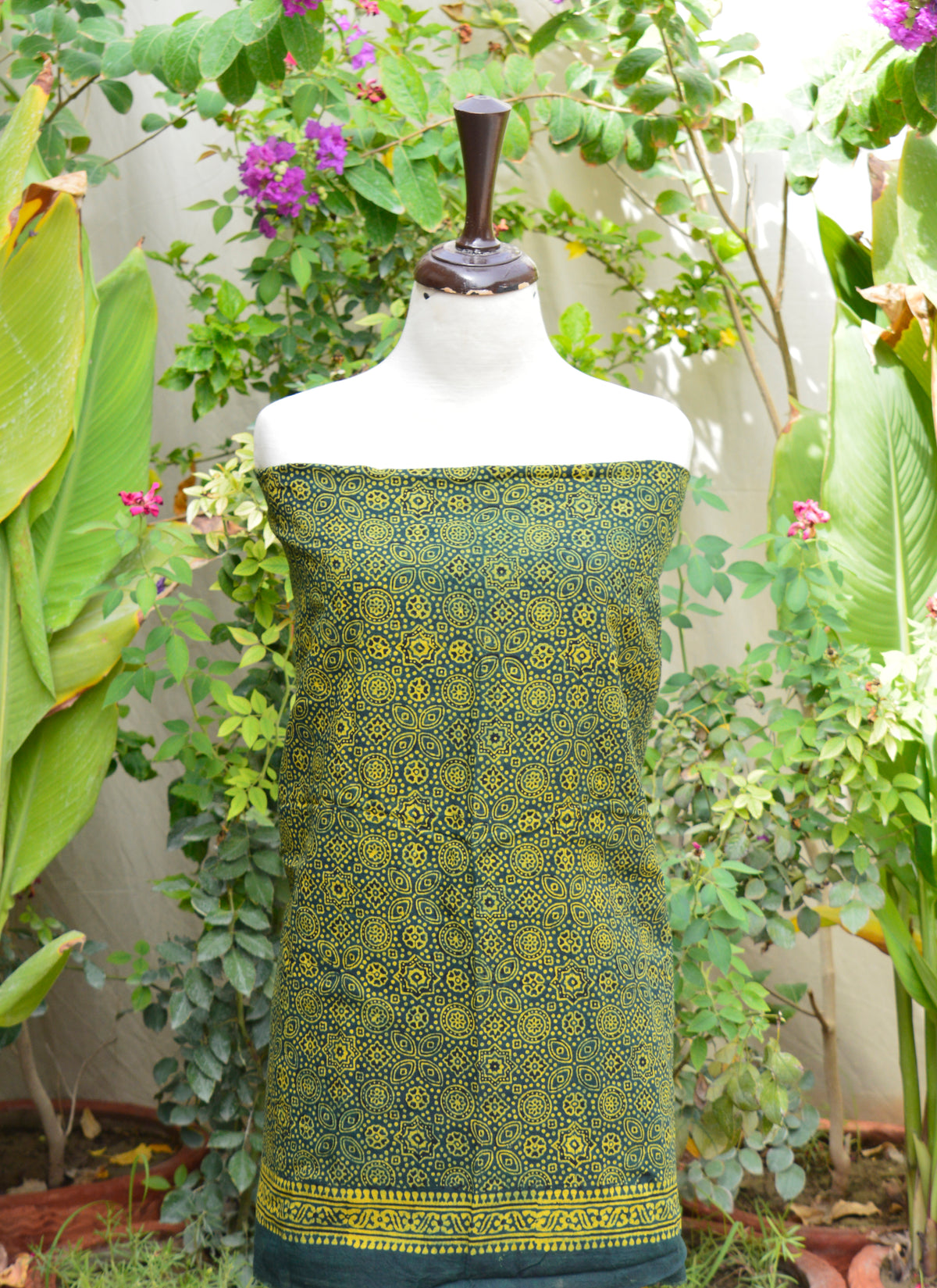 Eco-Friendly Ajrak Dress in Green with Hand Block Floral and Geometric Prints