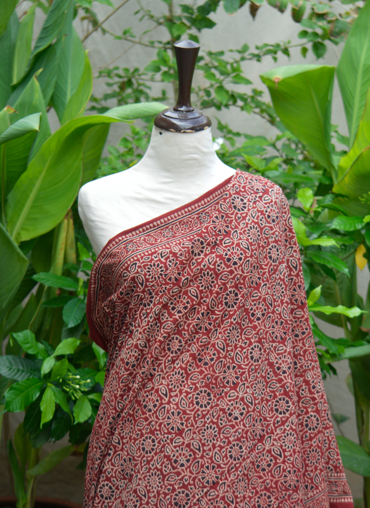 Traditional Sindhi Ajrak Saree floral red design with organic dye cotton fabric.