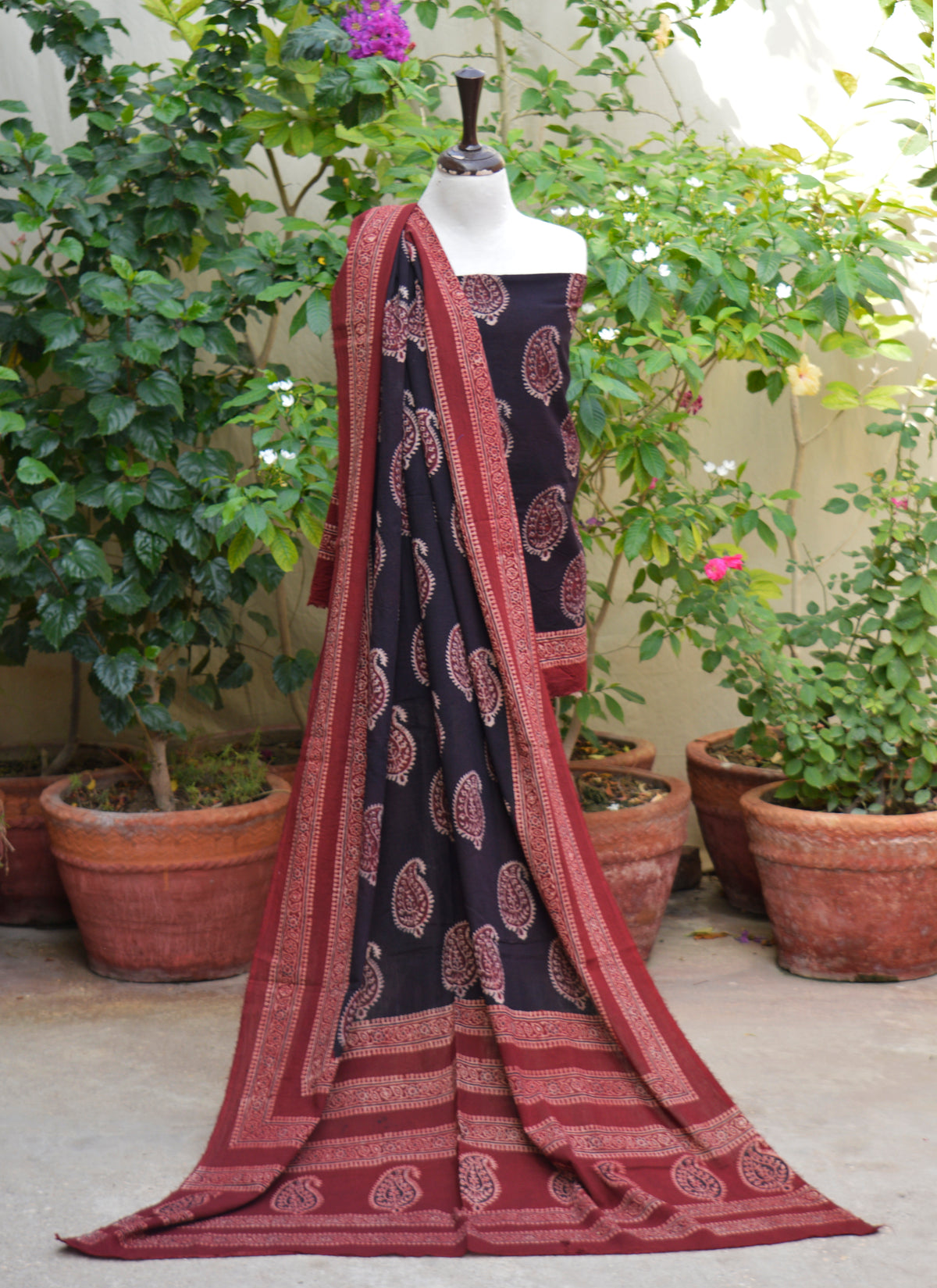 Handmade Sindhi Ajrak lawn two-piece with organic dye and Anbi block print motifs