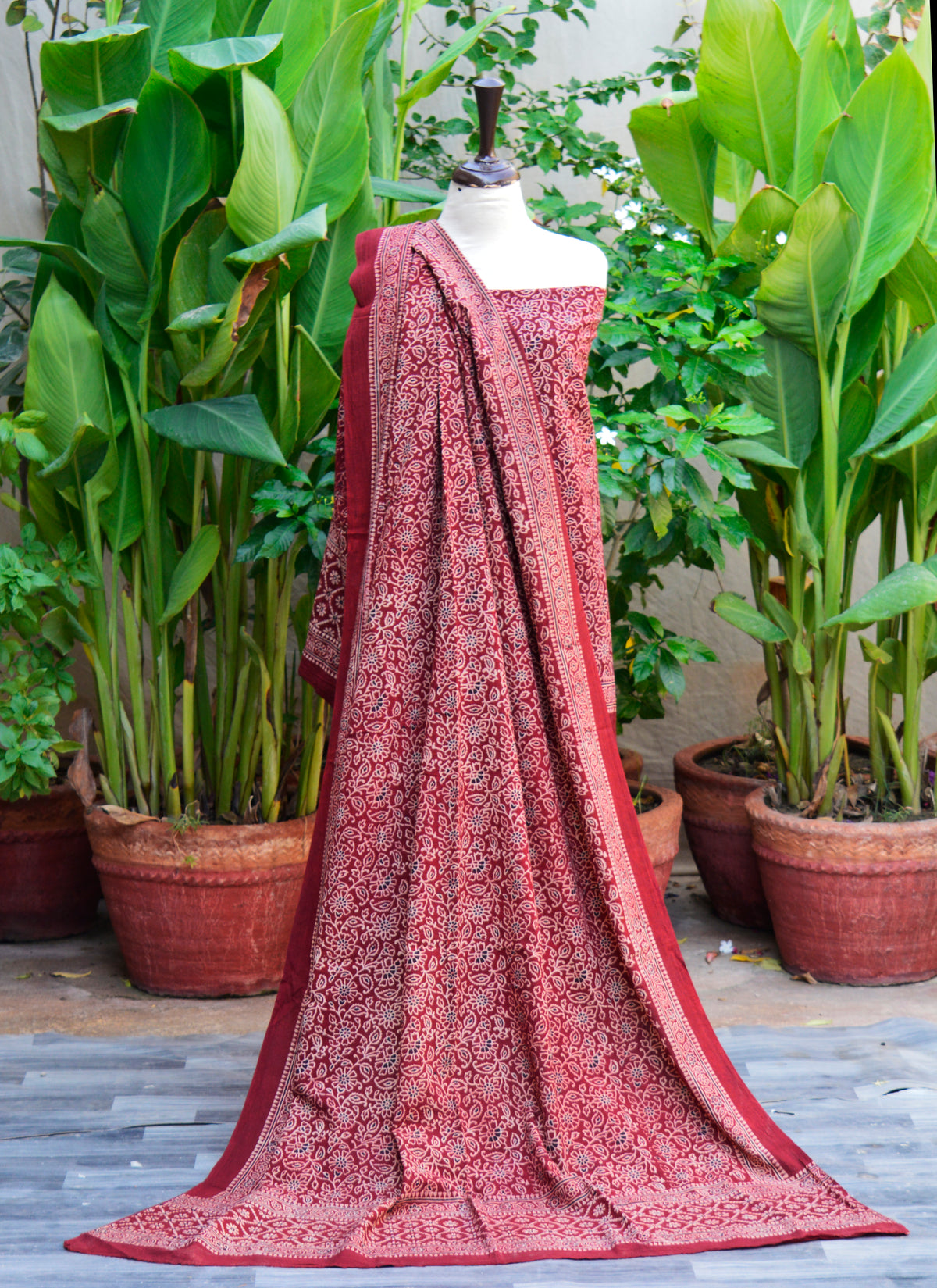 Organic Dyed Hand Block Printed Ajrak Design Dress Red Floral Bel Lawn Two Piece Suit