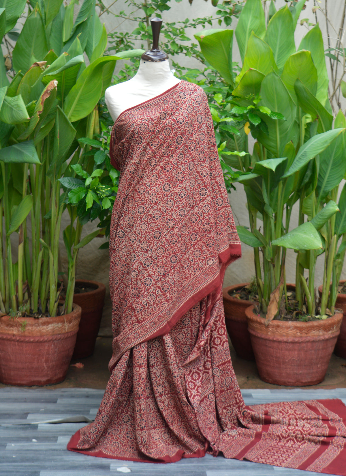 Hand block printed organic dye cotton Ajrak Saree in red floral pattern with blouse.