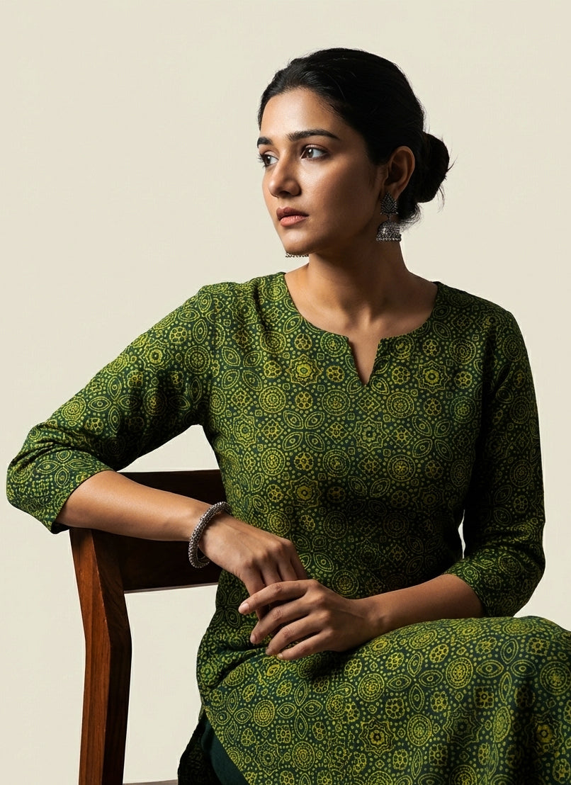 Organic Dye Ajrak Design Dress hand block printed on premium cotton, unstitched two-piece shirt and dupatta showcasing authentic Sindhi Ajrak craftsmanship and sustainable Pakistani fashion.