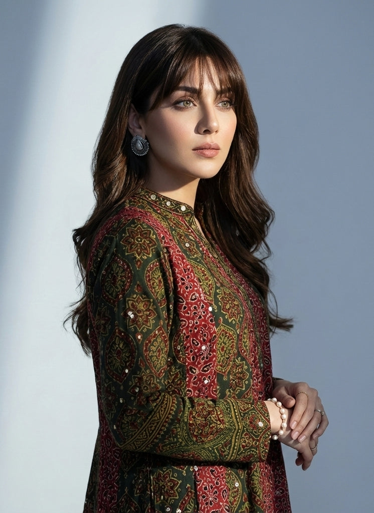 Organic Dye Hand Block Printed Ajrak Bohemian Maxi Frock – Premium Lawn Patchwork with Sitara Sequin Work | Ajrak Design Dress