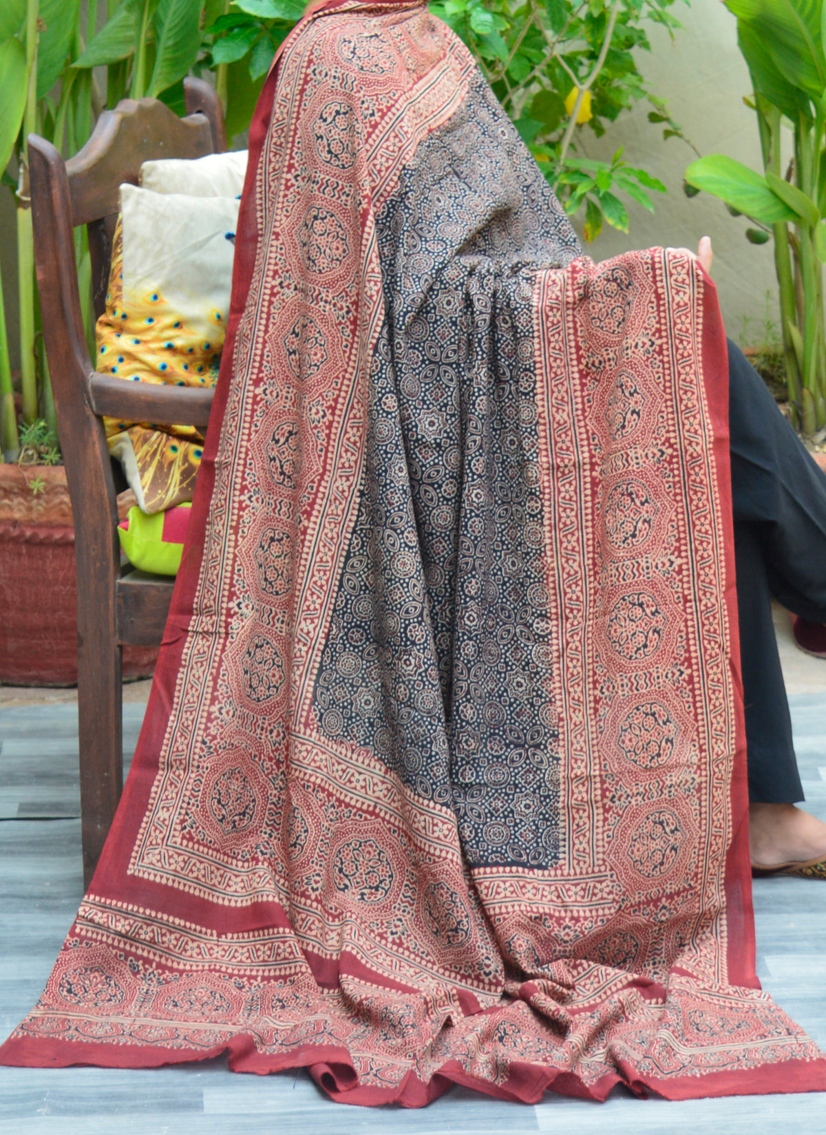 Black and Red Ajrak Chaadar with organic dyes, hand block printed by Sindhi artisans — traditional odhni for women.