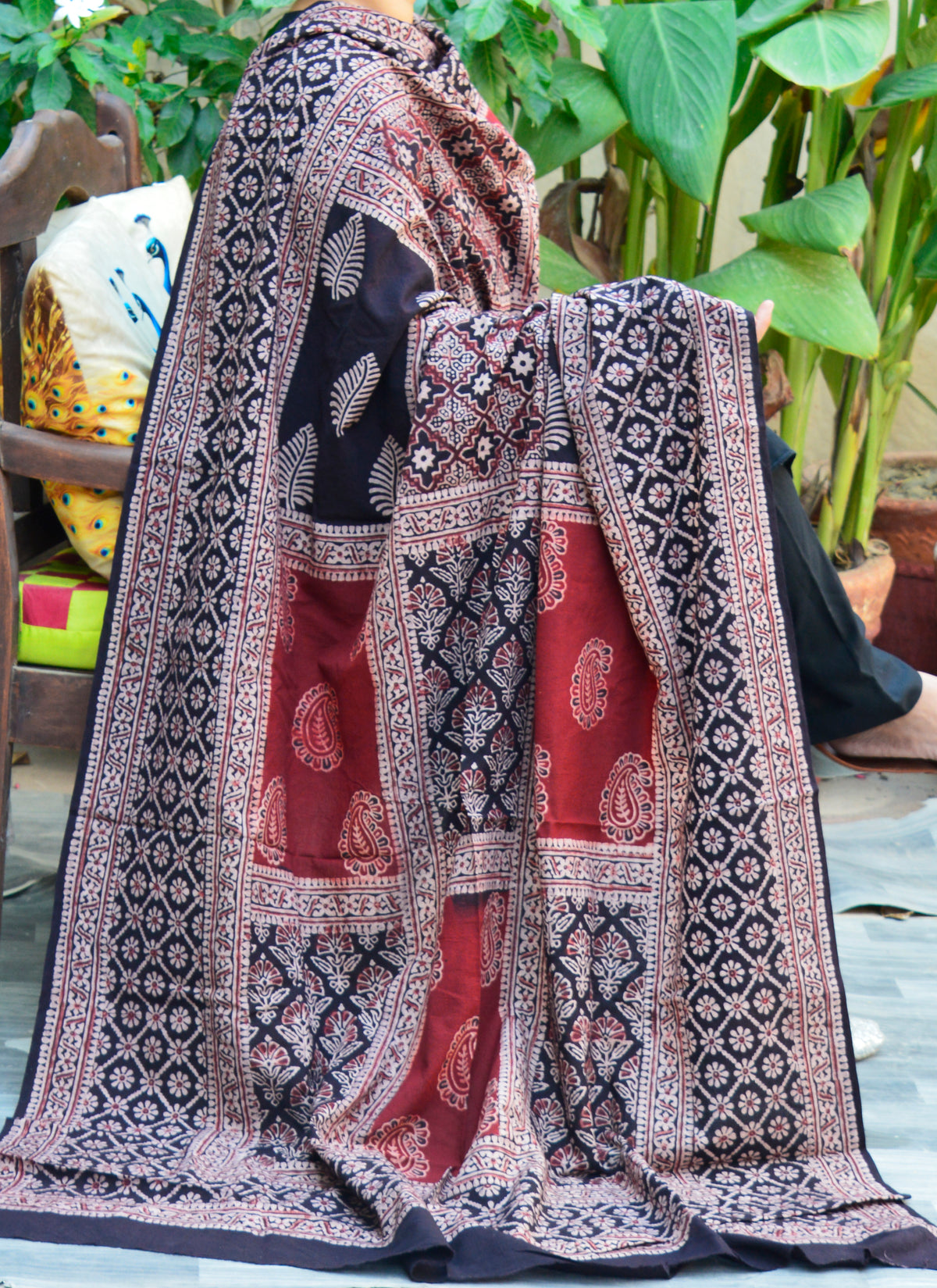 Organic Dye Hand Block Printed Ajrak Multi Blocks Dupatta in classic black, showcasing traditional Sindhi craftsmanship with organic dyes and geometric block patterns.