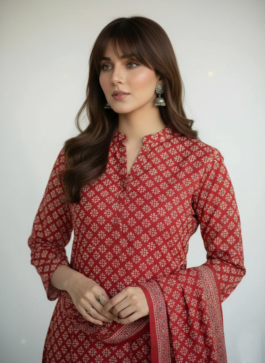 Ajrak floral design dress organic dye hand block printed cotton and lawn two-piece, unstitched ethnic wear crafted by Pakistani artisans.