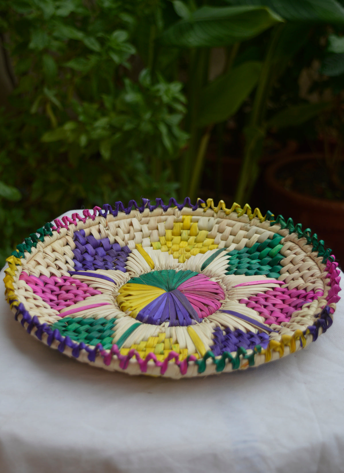 Eco-friendly multi-color palm leaf bread plate, traditional Sindhi changair.