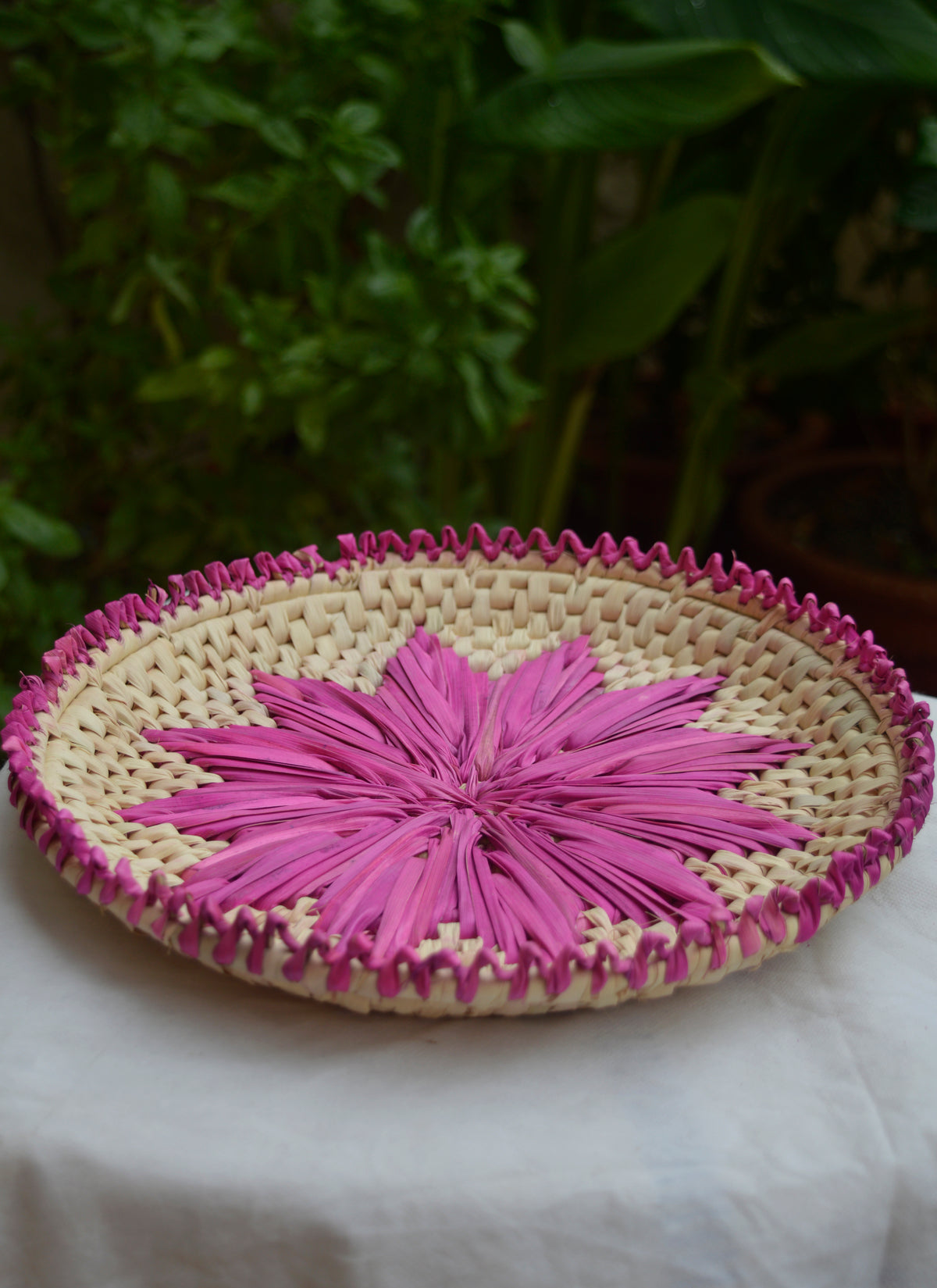 Eco-friendly palm leaf bread plate pink changair handmade in Sindh.