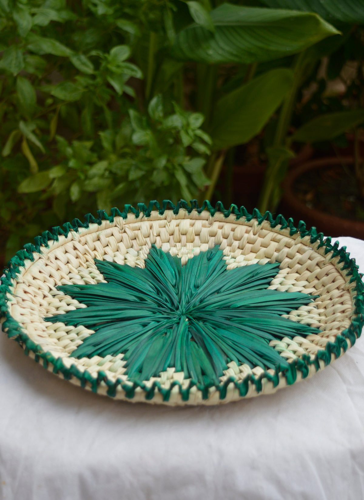 Handmade green changair 11x11 inches for serving roti, paratha, or fruits.