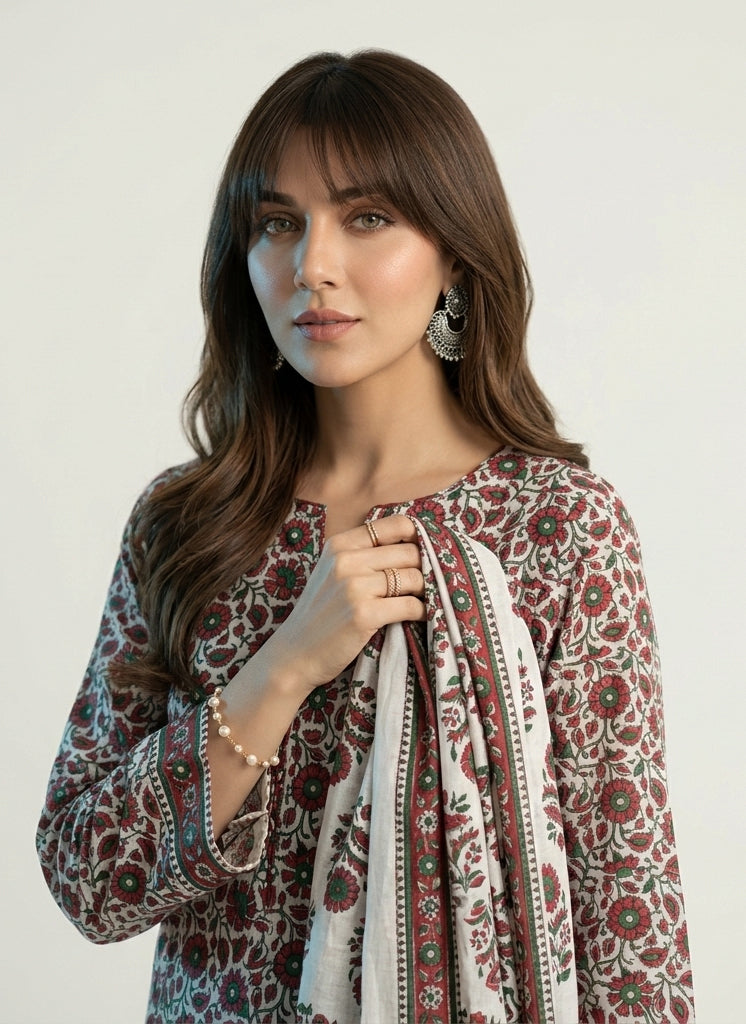Daisy Flower Pinkish Red Hand Block Printed Unstitched Cotton Two-Piece Shirt and Dupatta