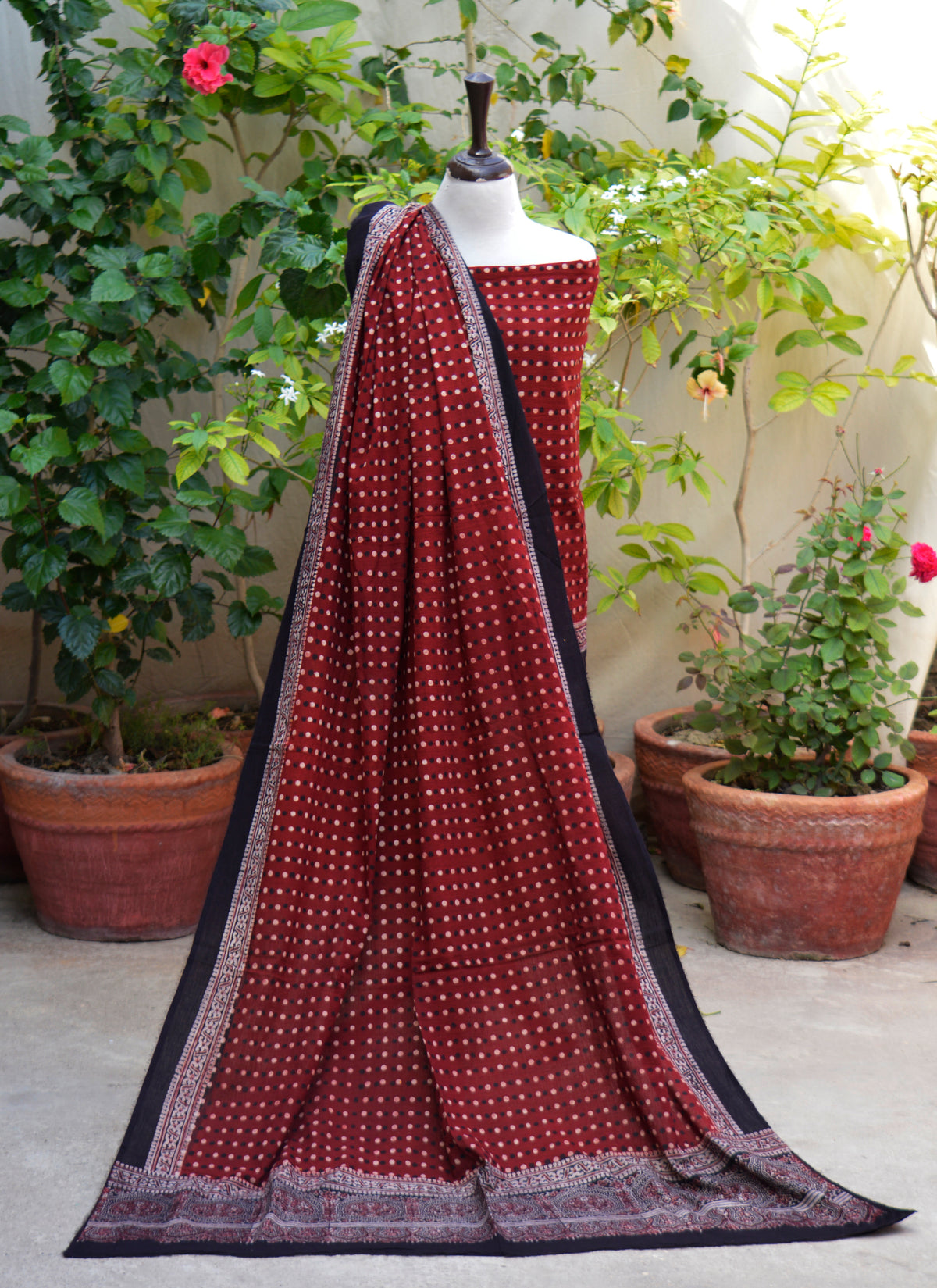 Premium Ajrak maroon red polka dot lawn two piece dress shirt and dupatta organic dye hand block printed ethnic wear Pakistan