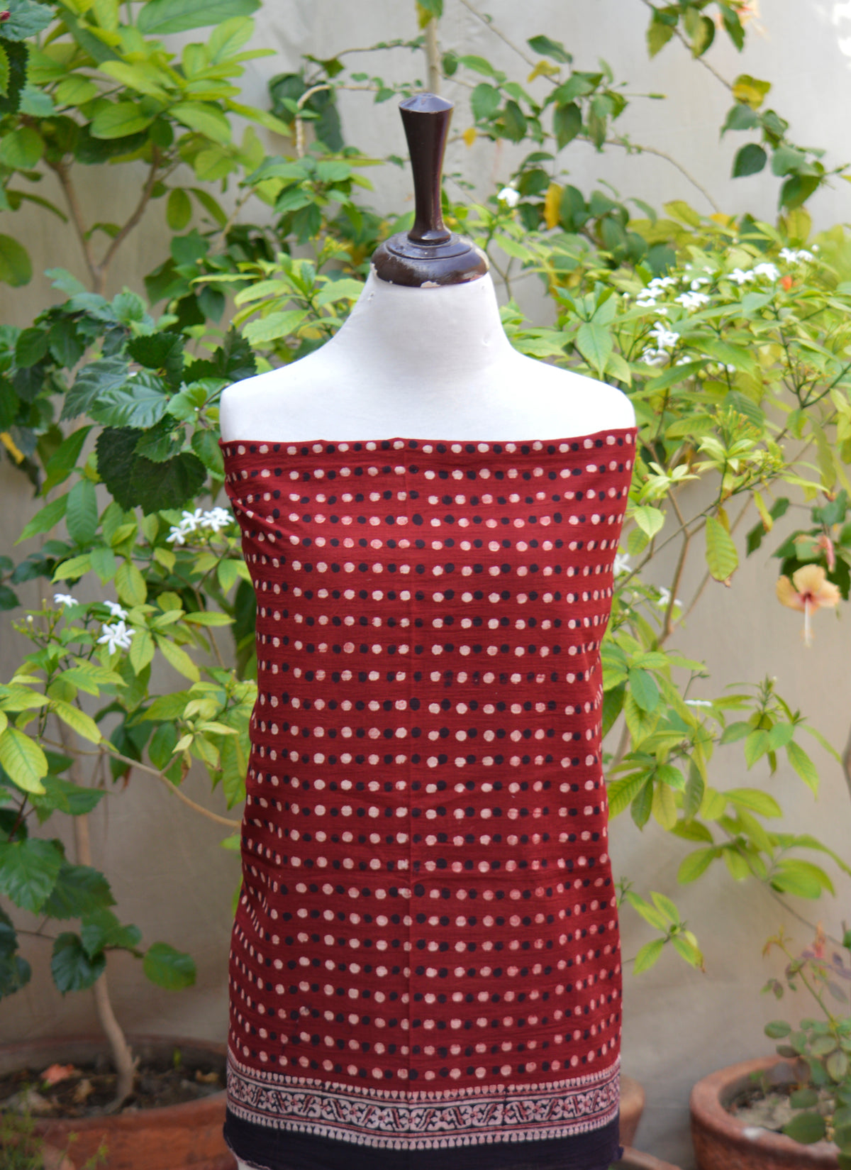 Organic dye Ajrak maroon red polka dot lawn shirt and dupatta set elegant hand block printed Ajrak Design Dress Pakistan
