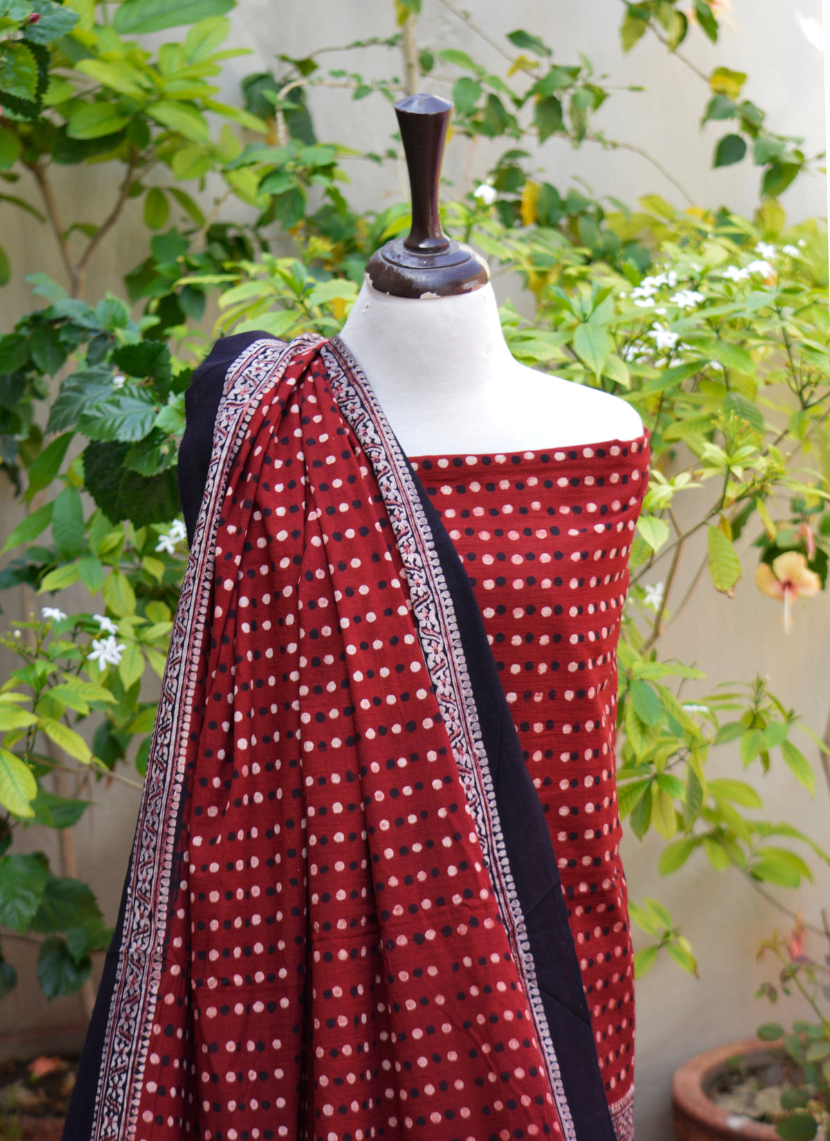 Luxury Ajrak Design Dress maroon red polka dot lawn suit with traditional hand block printing and heritage Sindhi textile craftsmanship