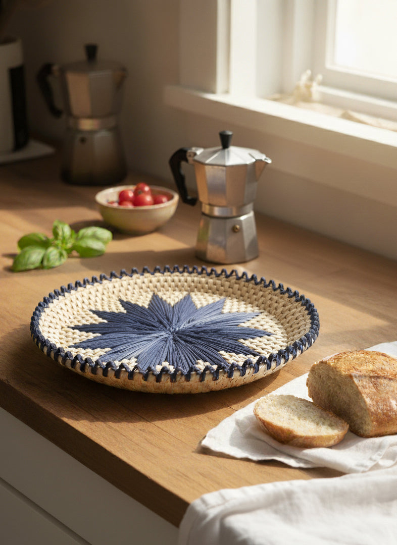 Hand woven palm-leaf bread plate Changair purplish-blue 10×10″ artisanal eco-friendly tray Sindhi women artisans