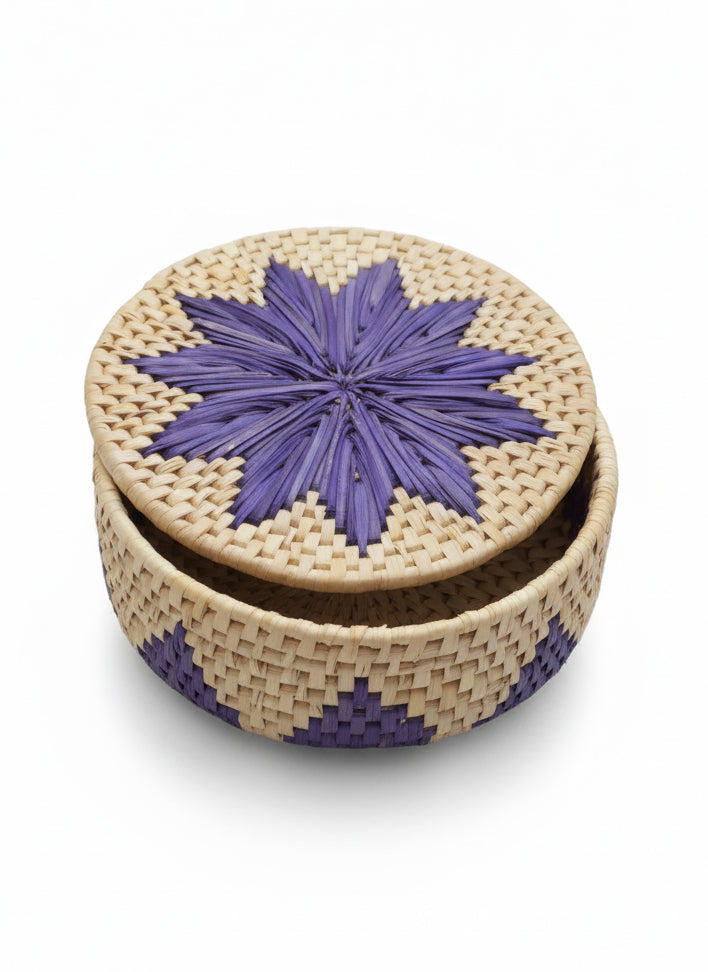 Eco-friendly palm-leaf roti dan with purple and blue floral design for serving bread and snacks