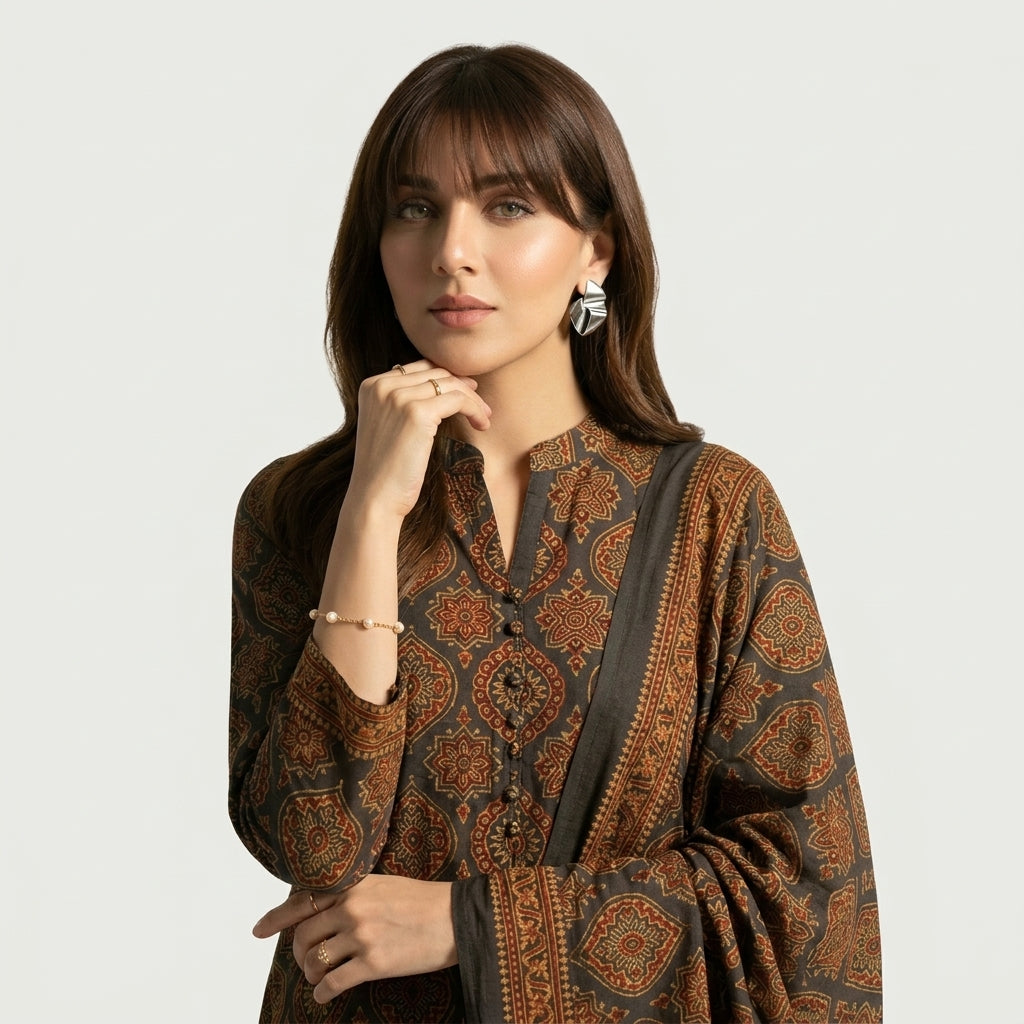 Rang-e-Hina Badam Ajrak two-piece unstitched dress with traditional hand block printed motifs.